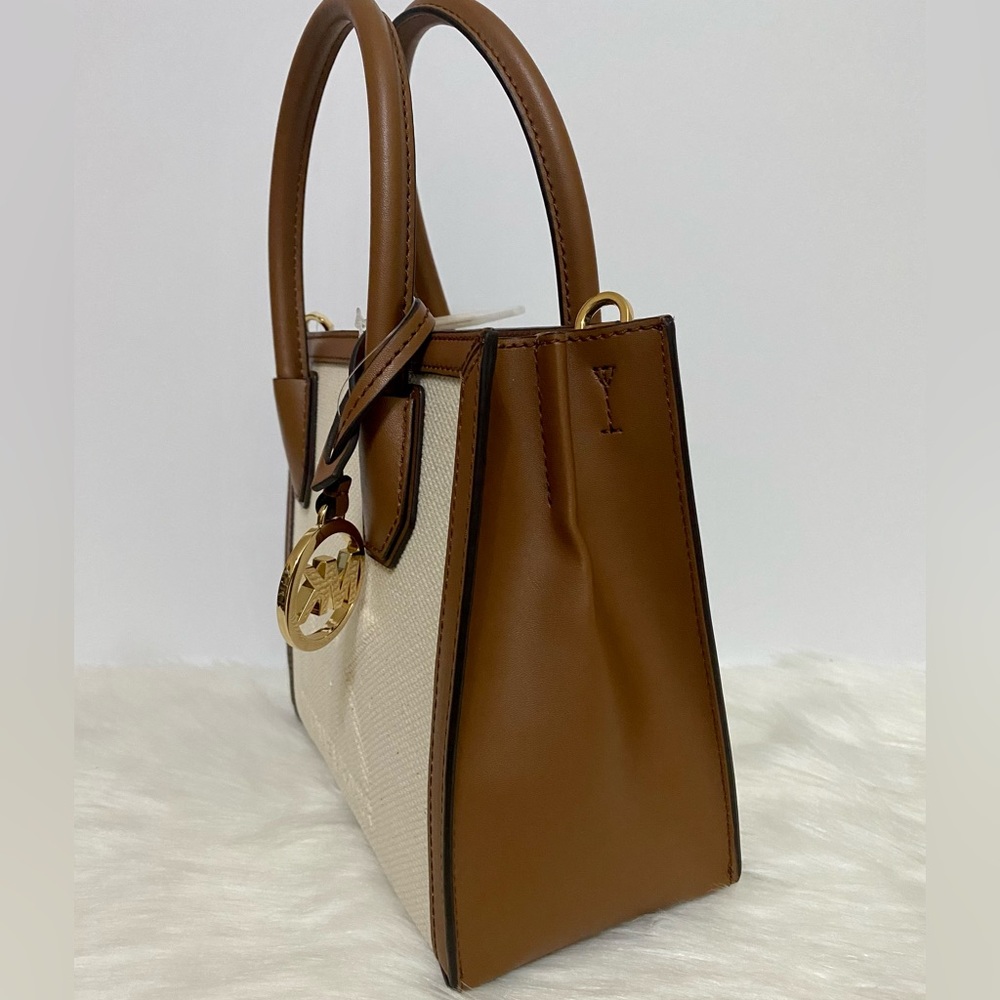 Michael Kors Small Satchel Handbag Brown and Linen Cream NWT - Picture 6 of 10